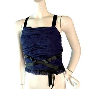ANTHROPOLOGIE EUC Navy Blue X-Back Halter top w/sidezipper w/Black bow Size Med